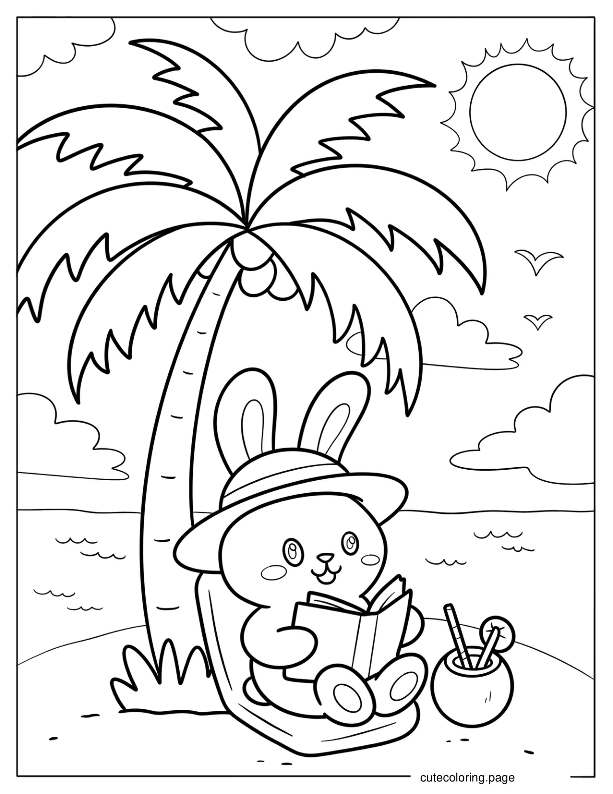Adorable Summer Bunny in a Sun Hat Relaxing with a Book by the Sea coloring page