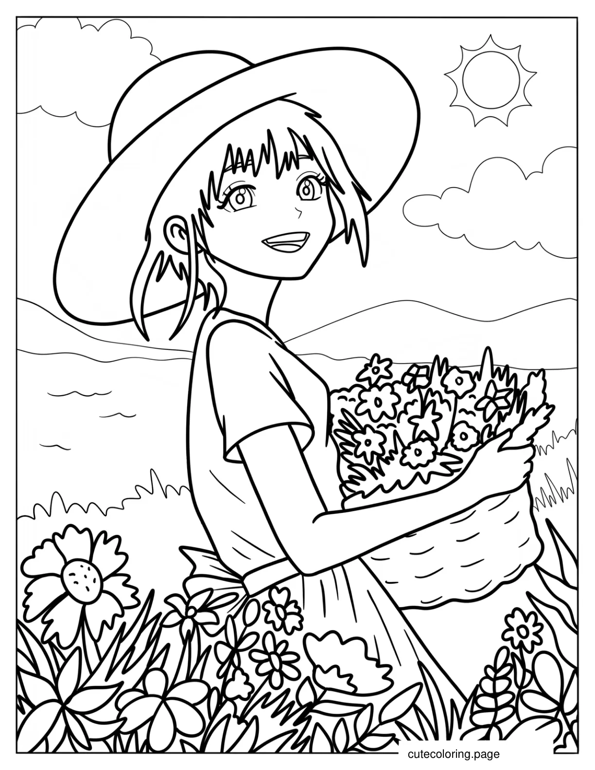 Anime Girl Gathering Flowers In The Summer Coloring Page For Kids coloring page