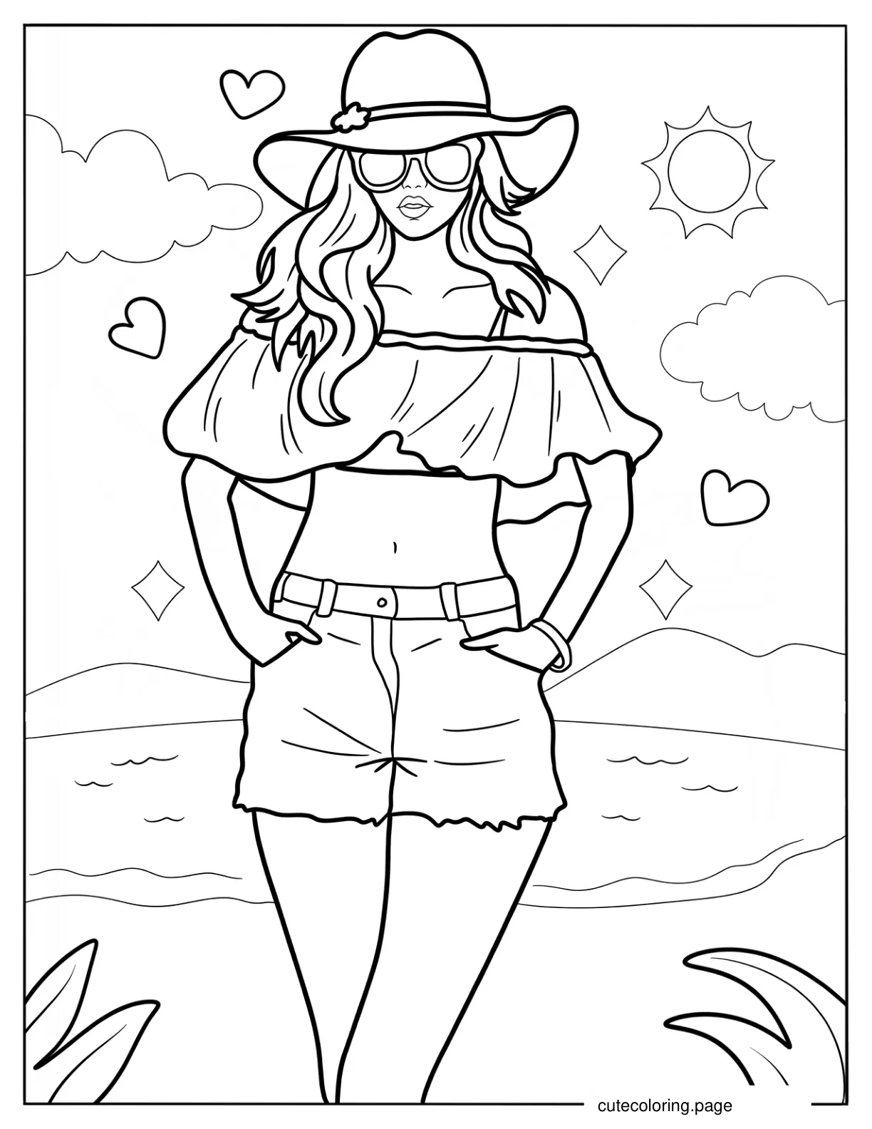 Beautiful Woman In A Summer Outfit At The Beach coloring page