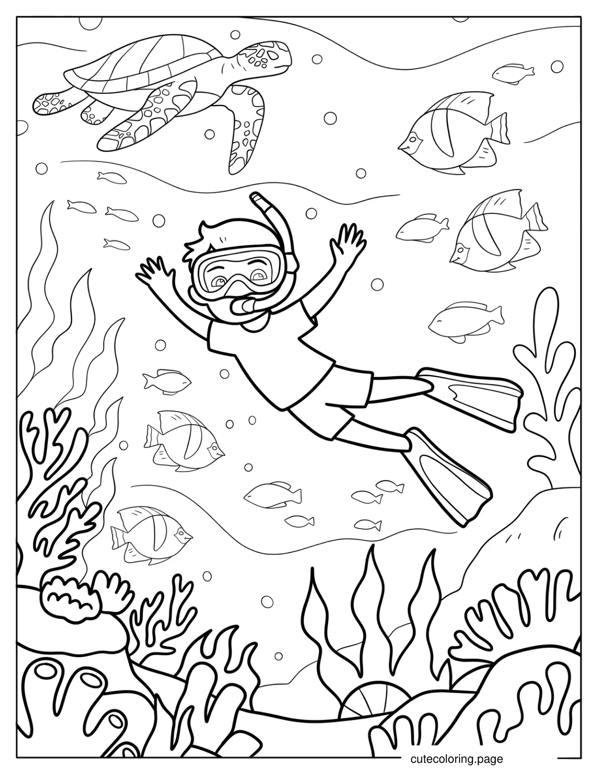 Boy Snorkeling In Coral Reef with Sea Turtle and Tropical Fish in Summer Coloring Page for Kids coloring page