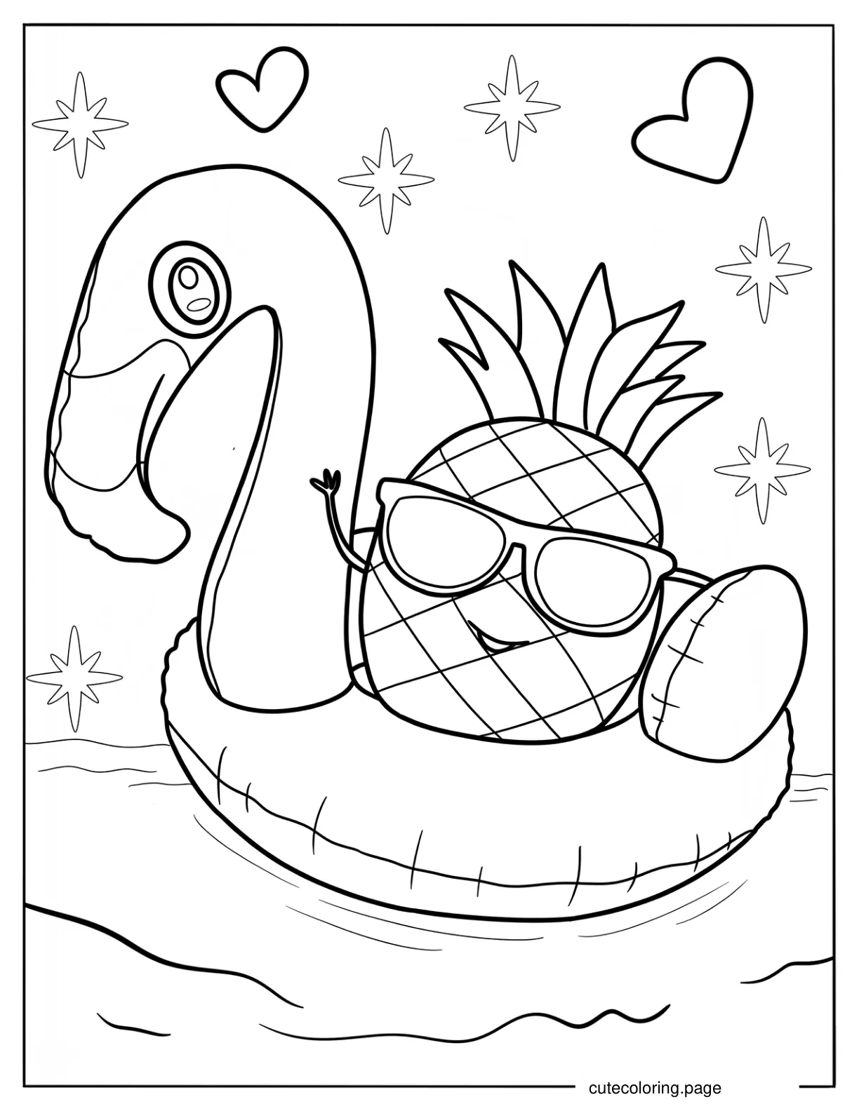 Cartoon Pineapple In A Flamingo Floatie Summer Coloring Page For Kids coloring page