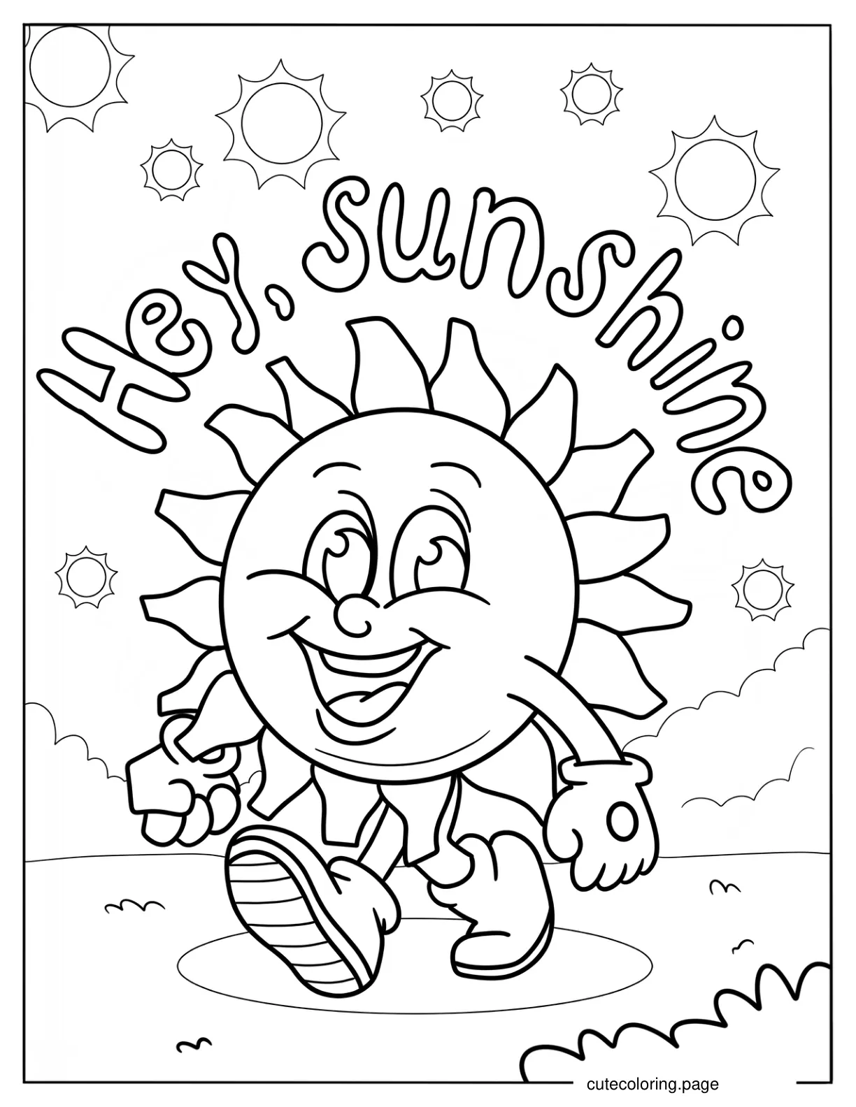 Cheerful Summer Sun Walking Coloring Sheet For Kids coloring page