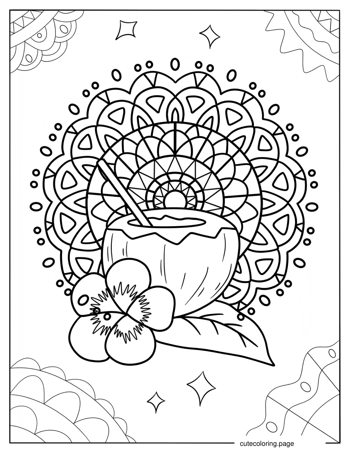 Coconut Drink With Hibiscus Flower And Mandala Summer Coloring Page coloring page