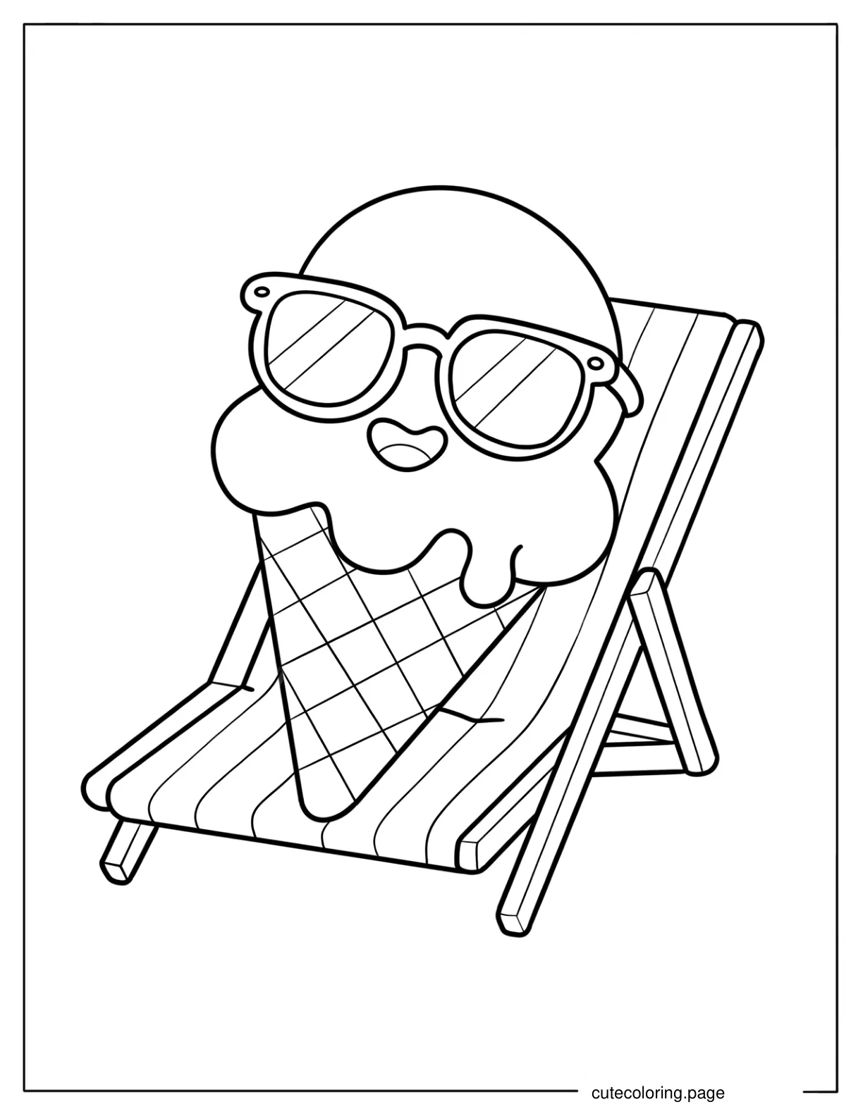 Cool Summer Ice Cream Cone Relaxing on a Beach Chair Coloring Page for Preschoolers coloring page