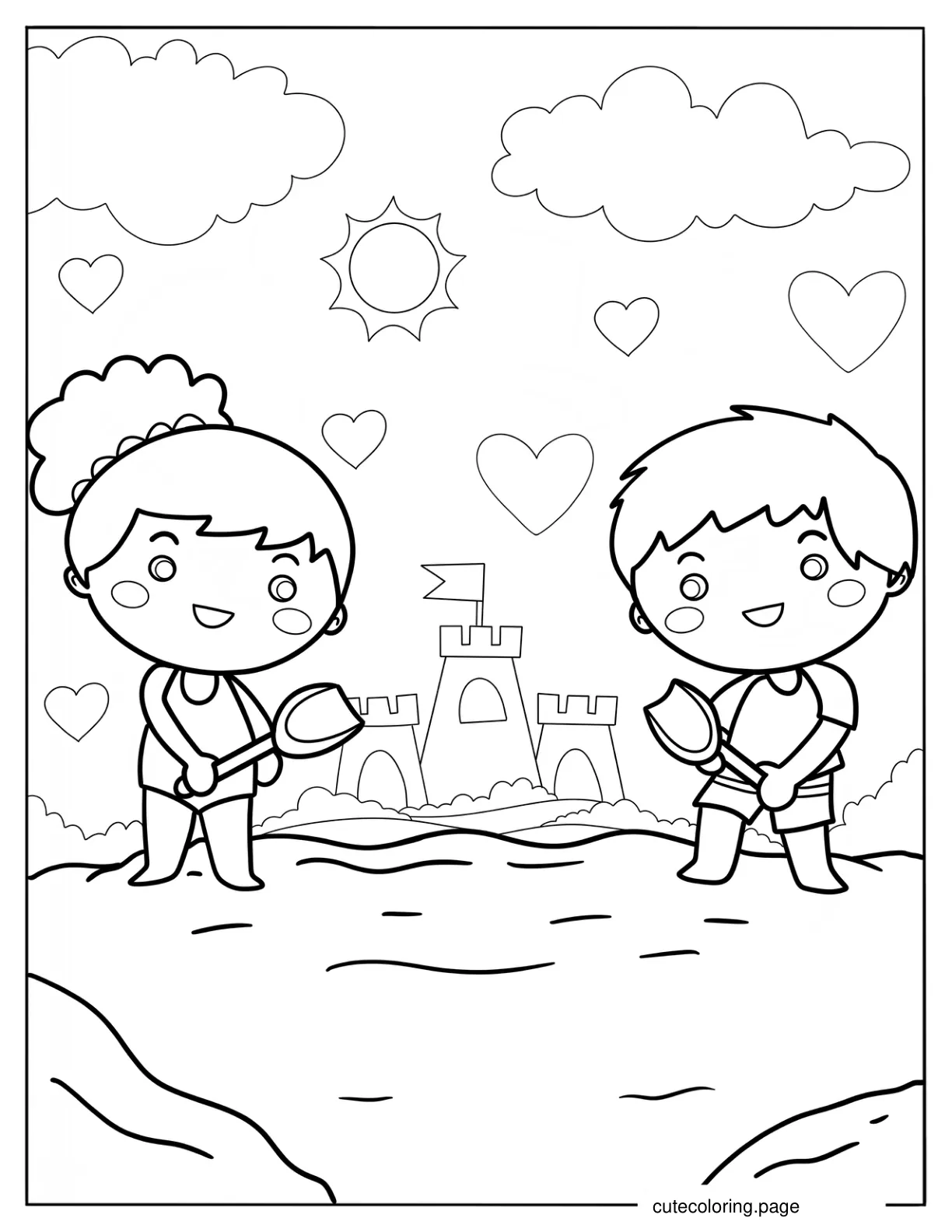 Cute Chibi Children Making A Sandcastle Coloring Sheet For Kids coloring page
