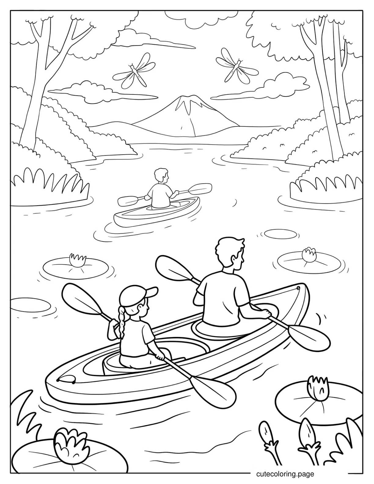 Family Kayaking Through Serene River with Lily Pads in Summer Coloring Sheet coloring page