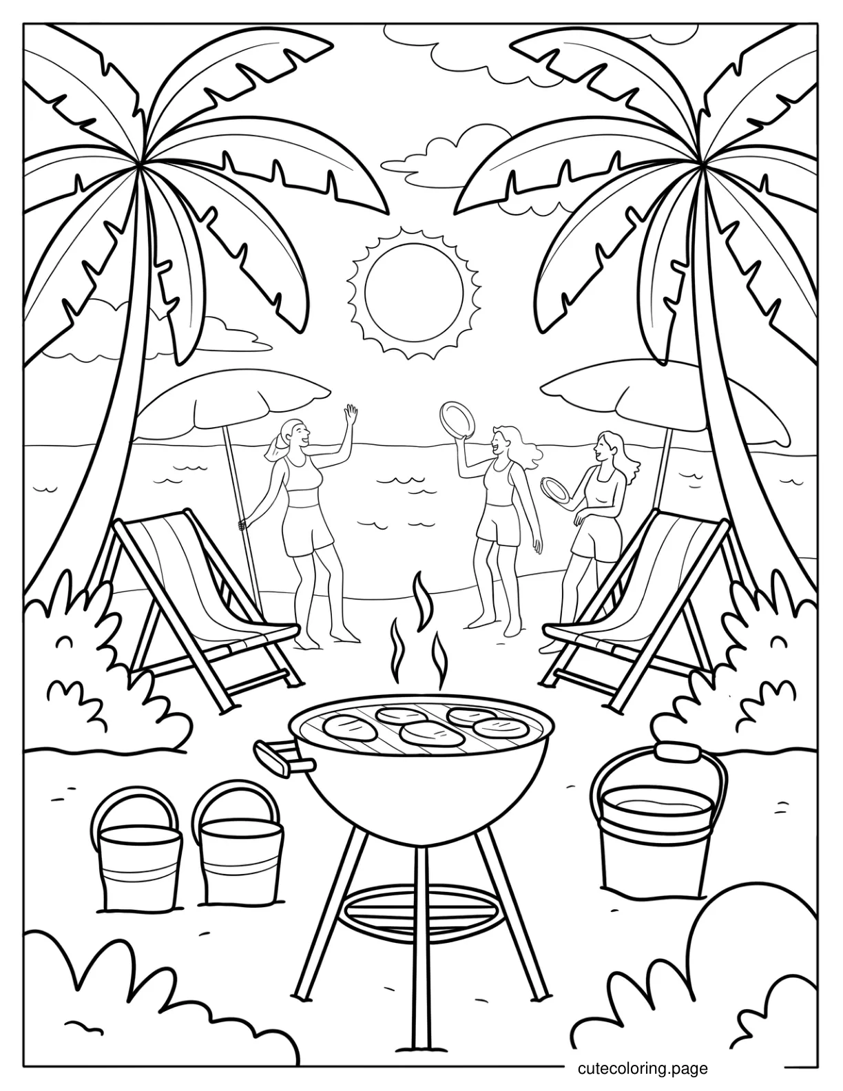 Friends Dancing and Grilling Meat in the Beach coloring page