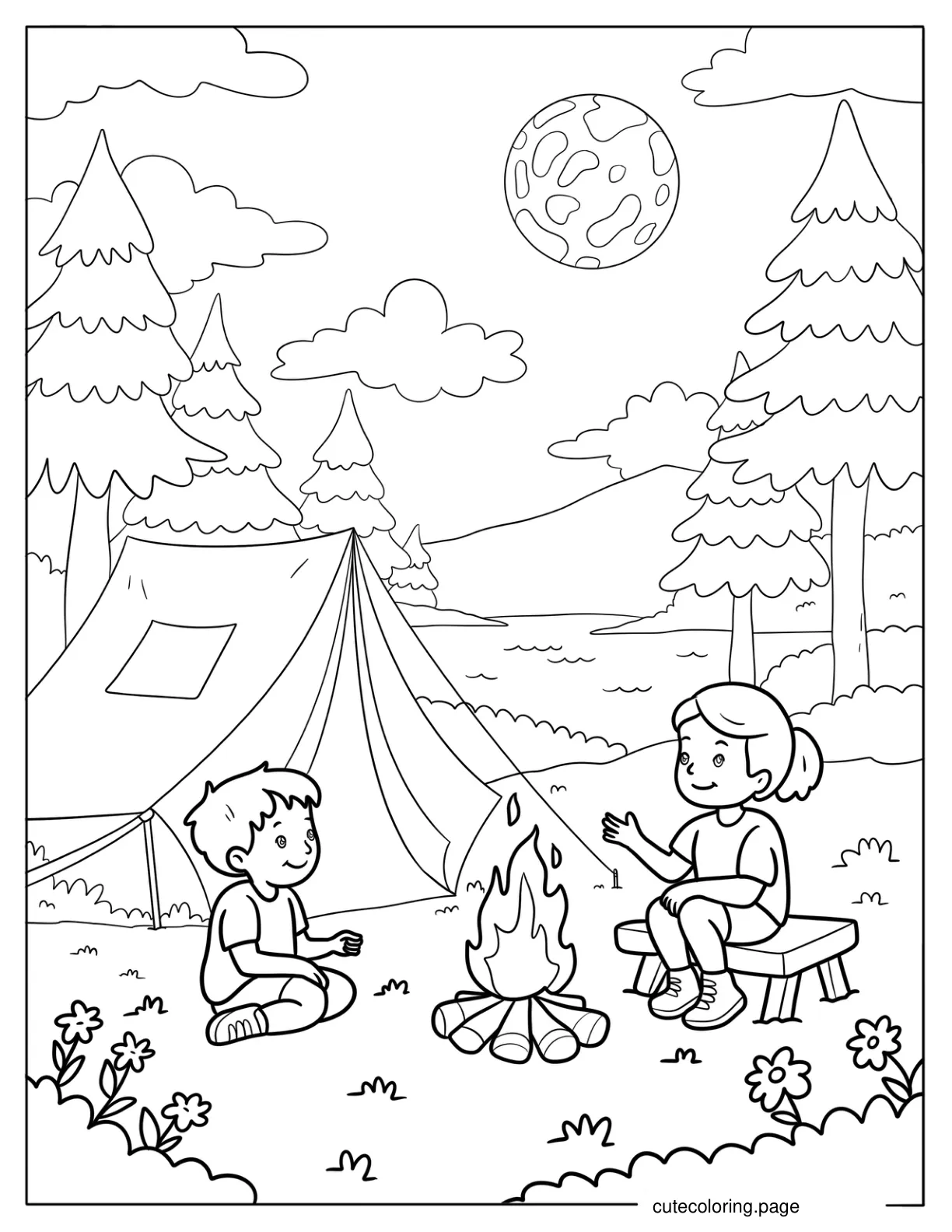Girl and Boy Summer Camping in the Forest with Bonfire Coloring Sheet for Kids coloring page