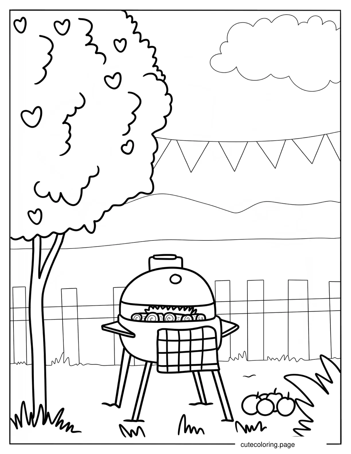 Grill In The Backyard With Apples On The Grass coloring page