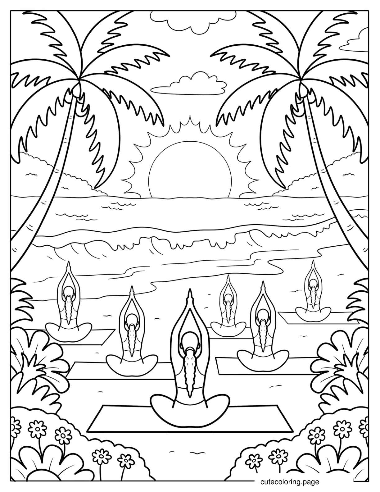 Group Yoga on a Summer Beach Surrounded by Palm Trees and Ocean Breeze coloring page