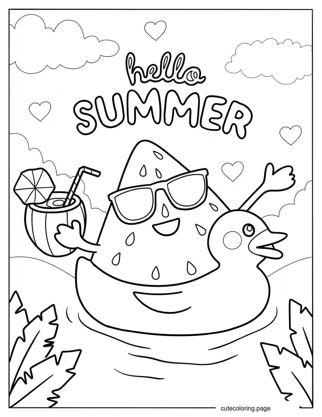 Happy Watermelon On A Floatie With A Coconut Drink Coloring Sheet coloring page