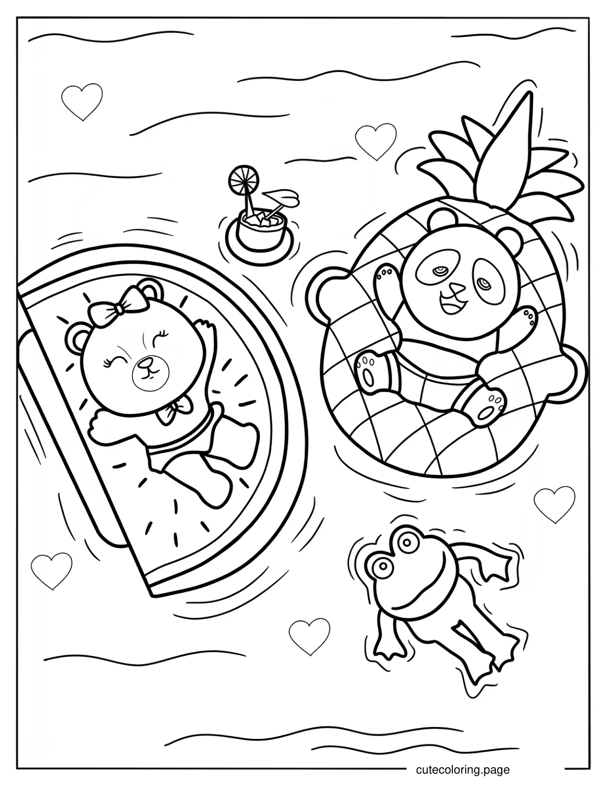 Kawaii Bear Panda And Frog Floating In The Pool Coloring Page coloring page