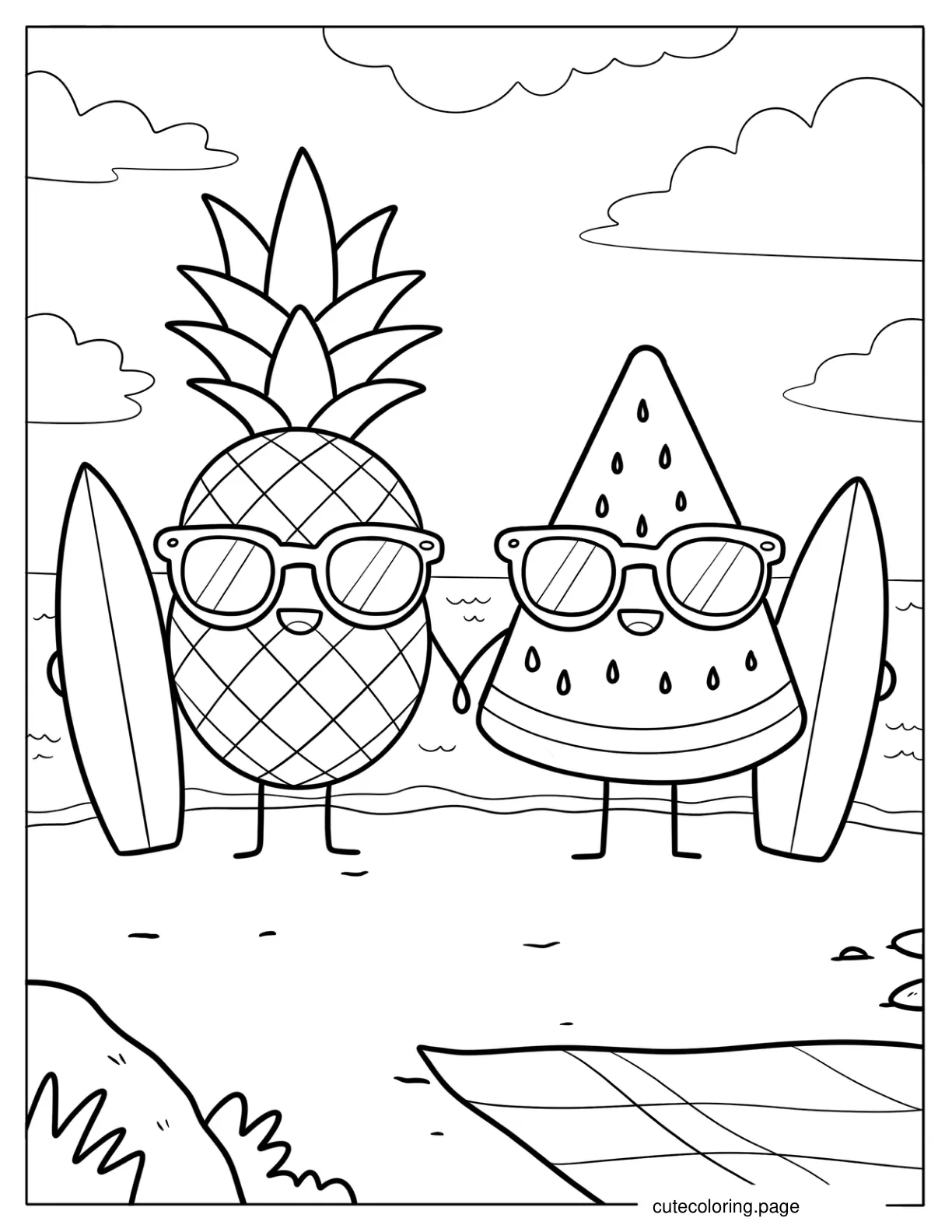 Pineapple and Watermelon Surfers Wearing Sunglasses in Summer Coloring Page for Kids coloring page