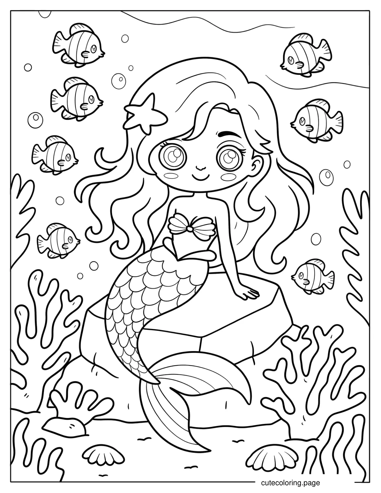 Playful Summer Mermaid Surrounded by Coral Reef and Friendly Fish Coloring Sheet for Preschoolers coloring page