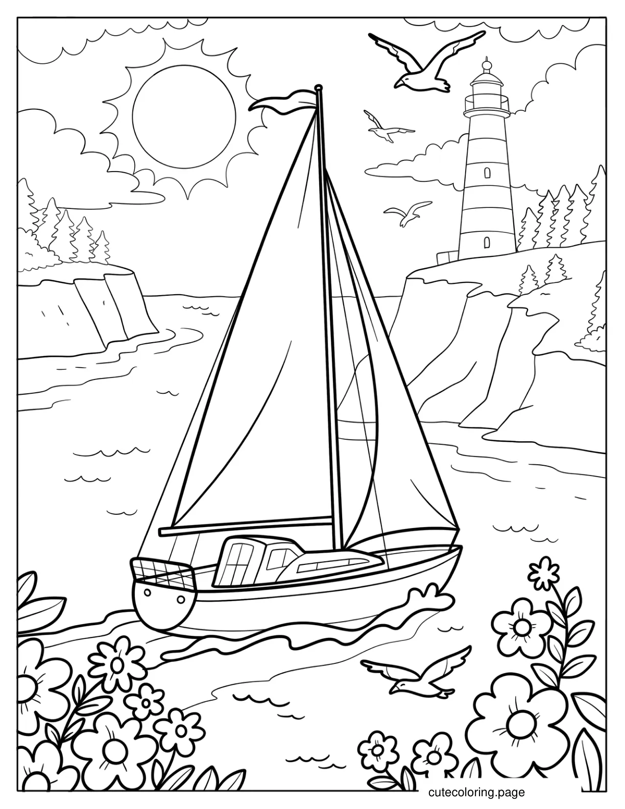 Sailboat on a Summer Sea with Rocky Cliffs and Lighthouse in the Distance Coloring Page coloring page