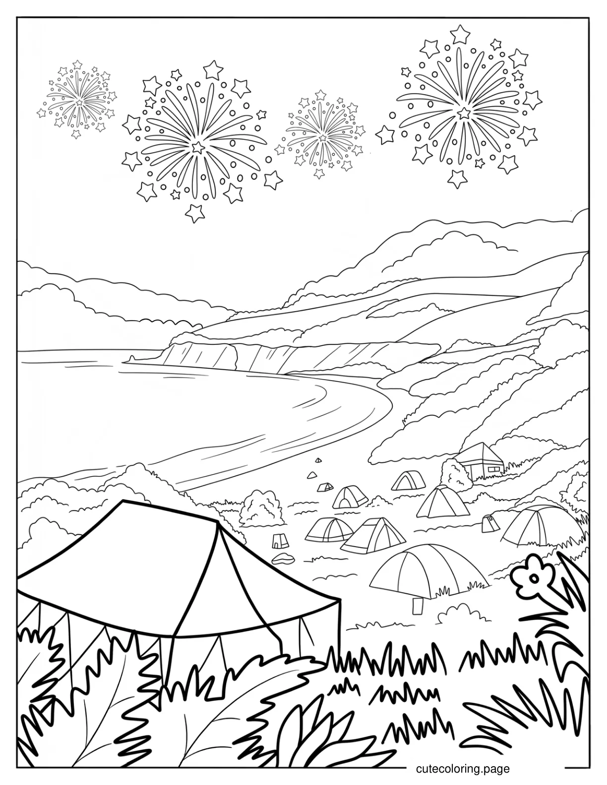 Summer Beach Camping With Fireworks In The Sky Coloring Sheet coloring page