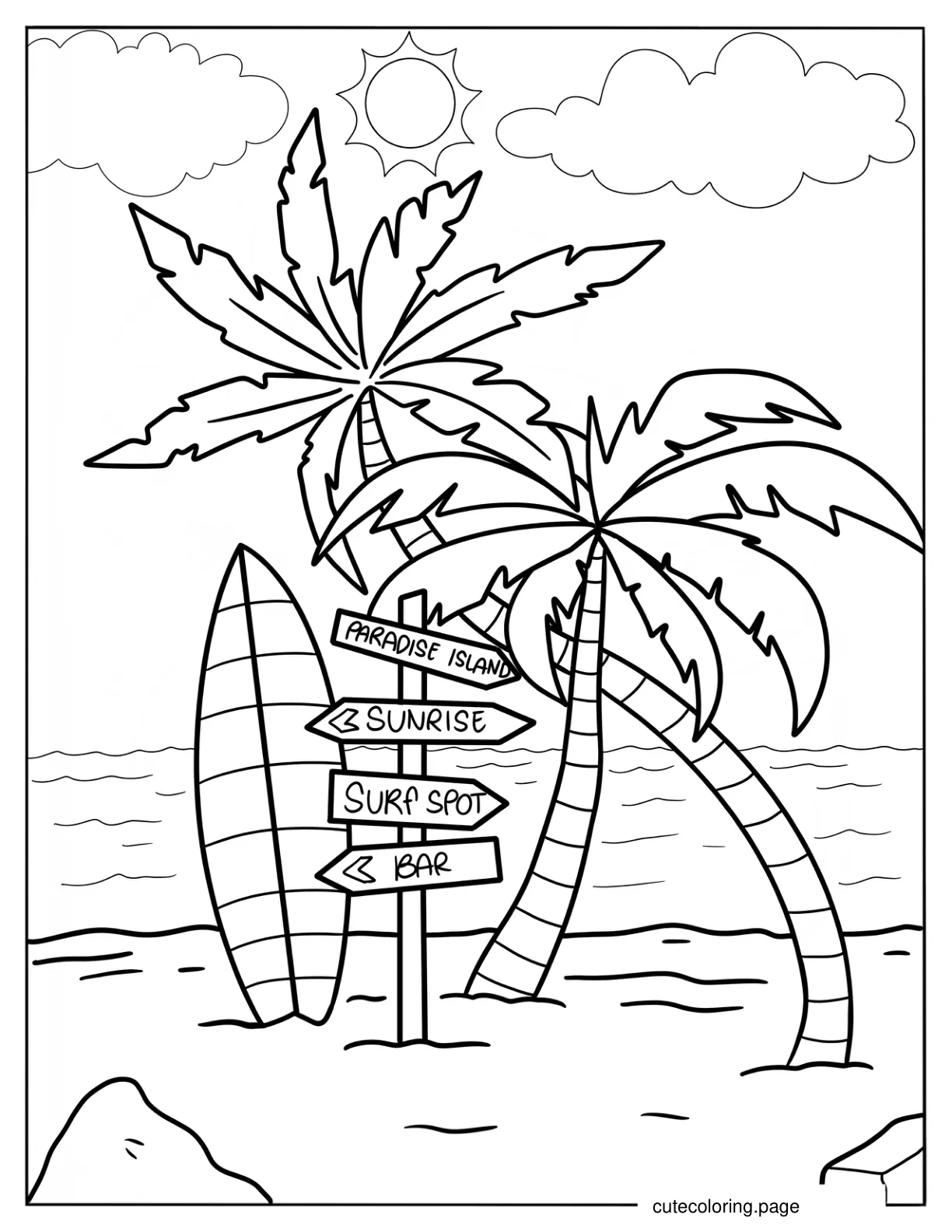 Summer Beach Scene With Road Sign Palm Trees And Surf Board Coloring Page coloring page