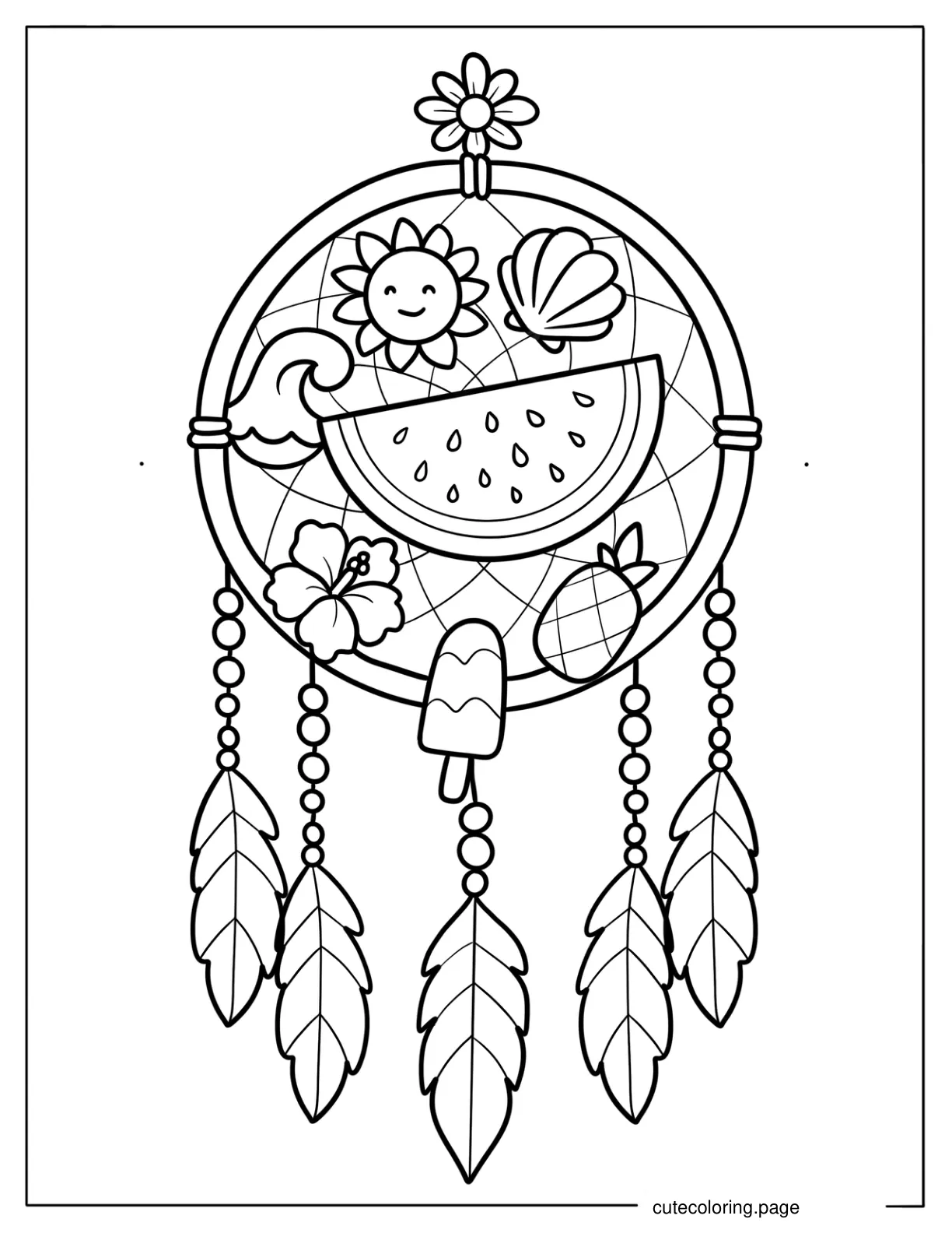 Summer Dreamcatcher with Watermelon Sunshine and Tropical Charms Coloring Page for Kids coloring page
