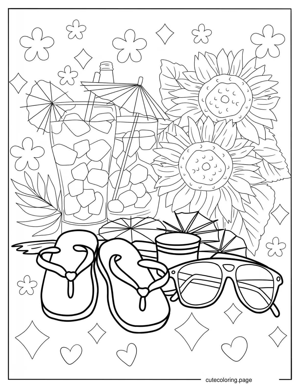 Summer Drink Flowers Sunglasses And Flip Flops Coloring Page coloring page