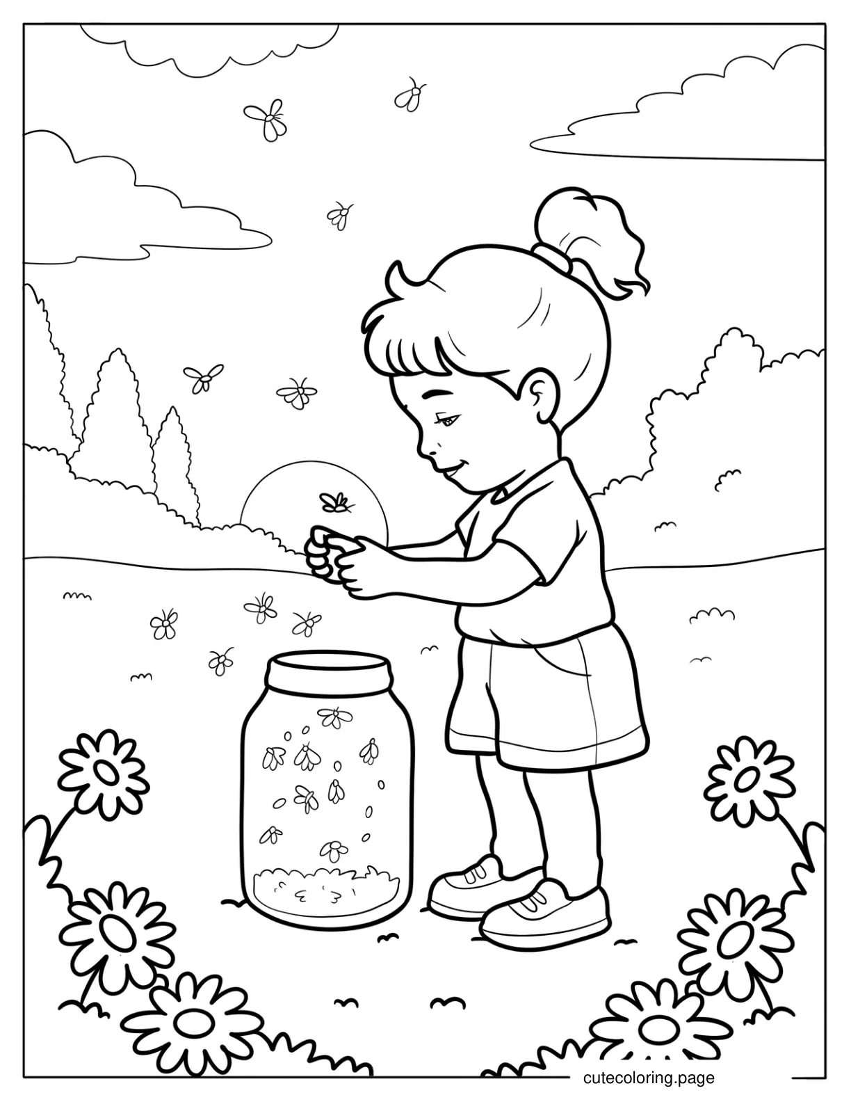 Summer Evening with Child Playing Among Flowers and Fireflies Coloring Sheet coloring page