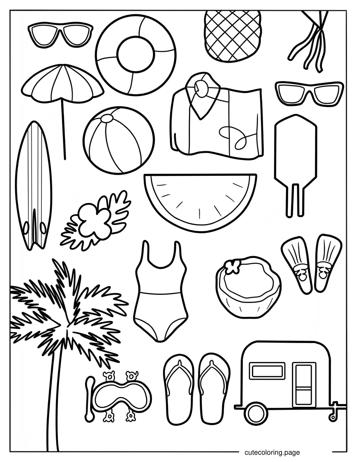 Summer Flowers Swimsuit Hat Camper Van Tree Surfboard And Drinks coloring page