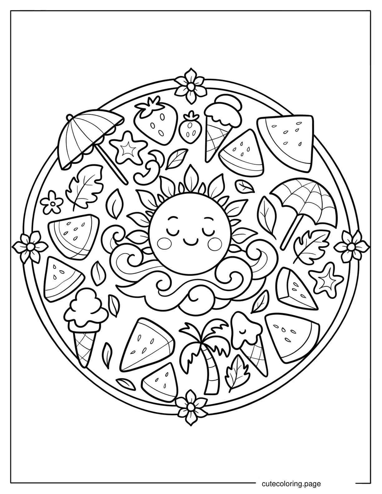 Summer Mandala with Smiling Sun Watermelon Slices and Ice Cream Coloring Page For Kids coloring page