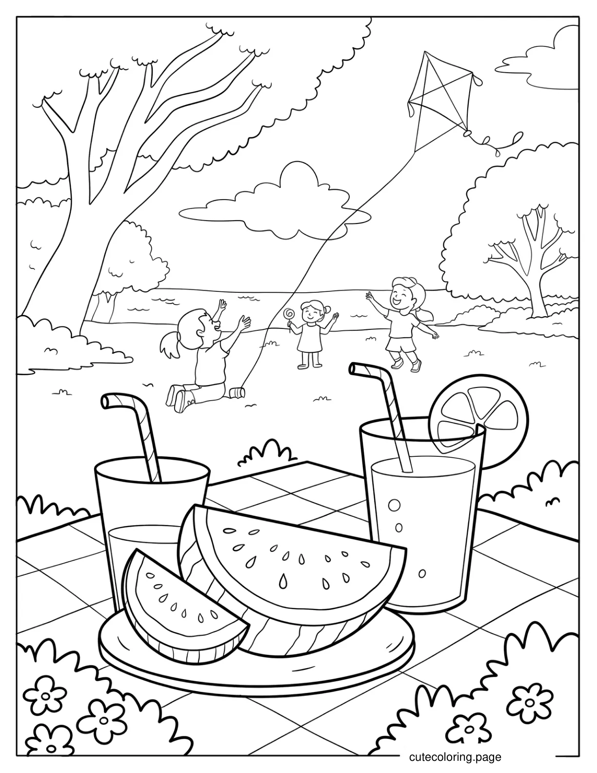 Summer Picnic with Watermelon Slices Lemonade and Kids Flying Kites Coloring Page coloring page