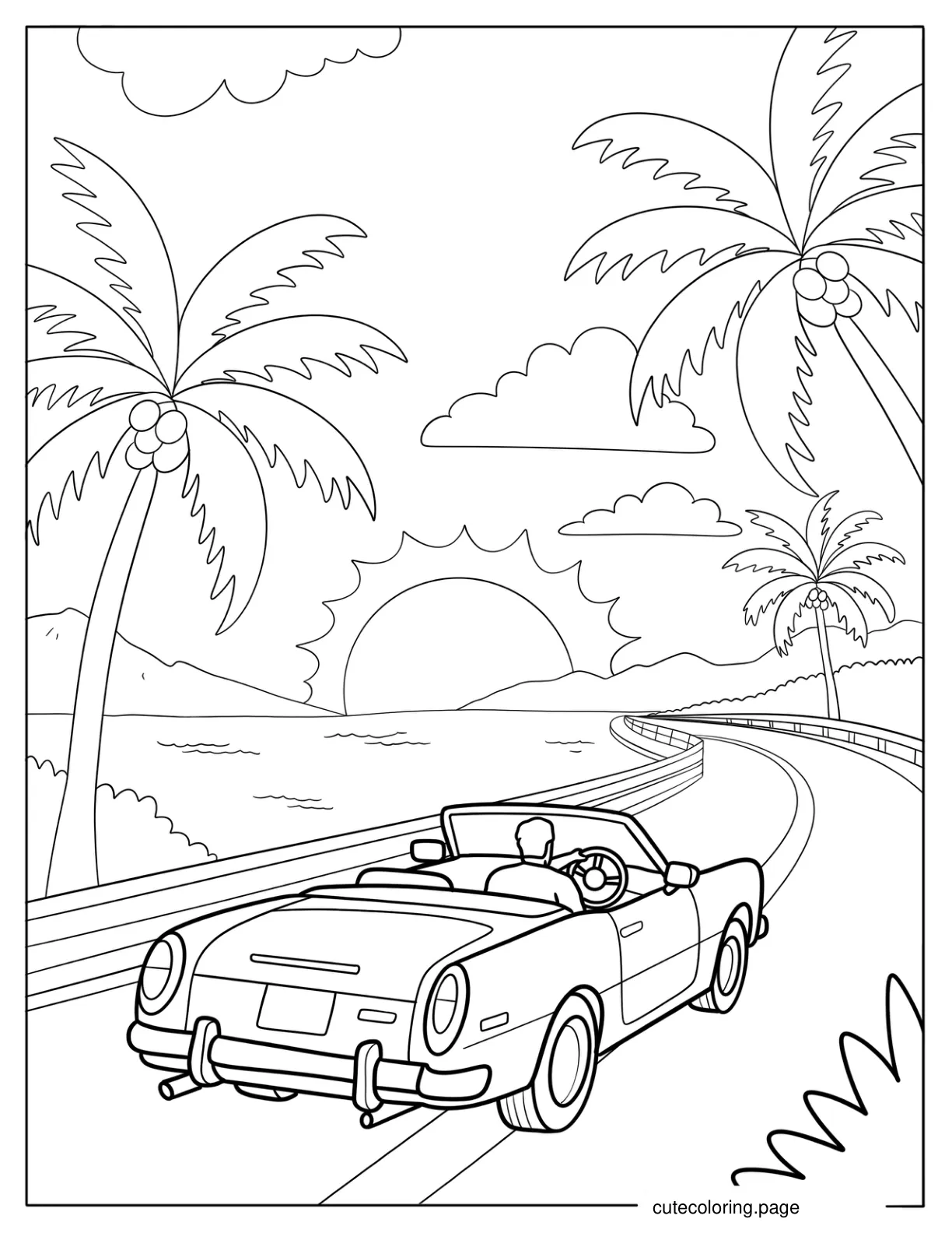 Summer Road Trip in a Convertible by the Ocean at Sunset coloring page