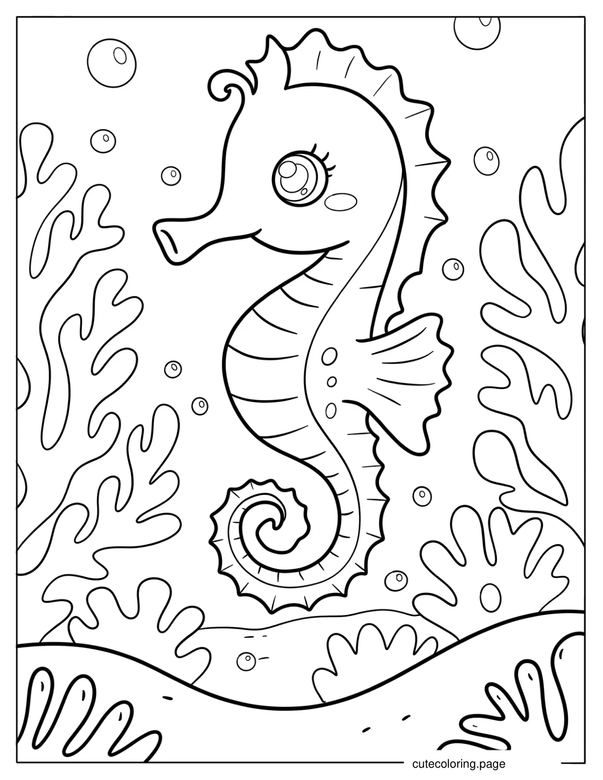 Summer Seahorse Surrounded by Coral and Bubbles Coloring Page for Kids coloring page