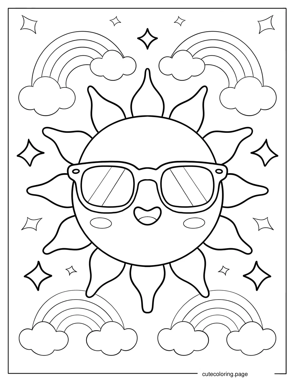 Summer Sun with Sunglasses Sparkles and Rainbows Coloring Page for Kids coloring page