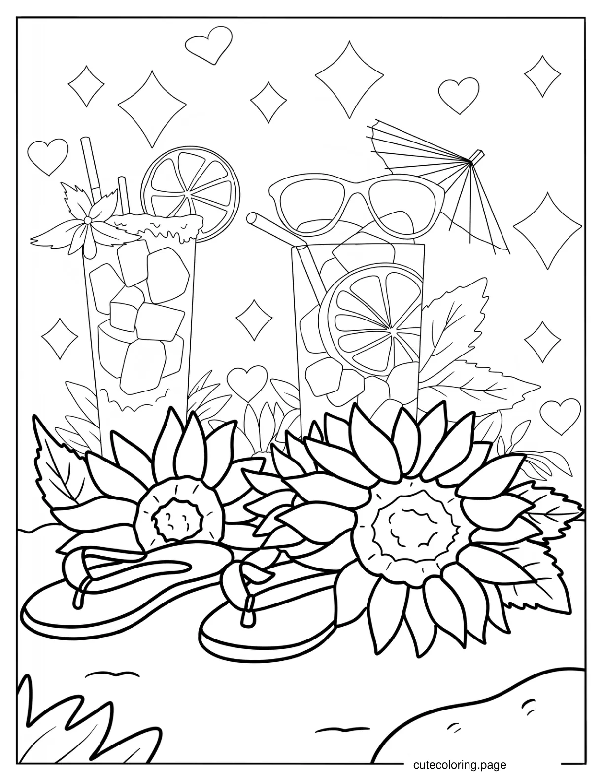 Summer Sunflower Flip Flops And Cocktails Coloring Sheet coloring page