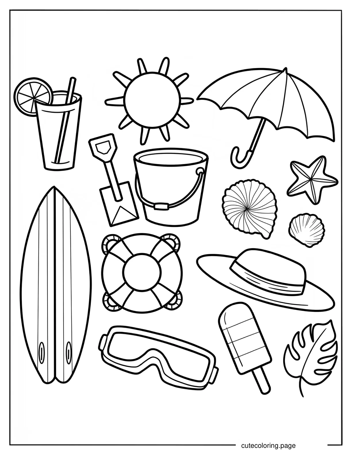 Summer Surf Board Goggles Popsicle Hat Seashell Bucket Drink Sun And Umbrella coloring page