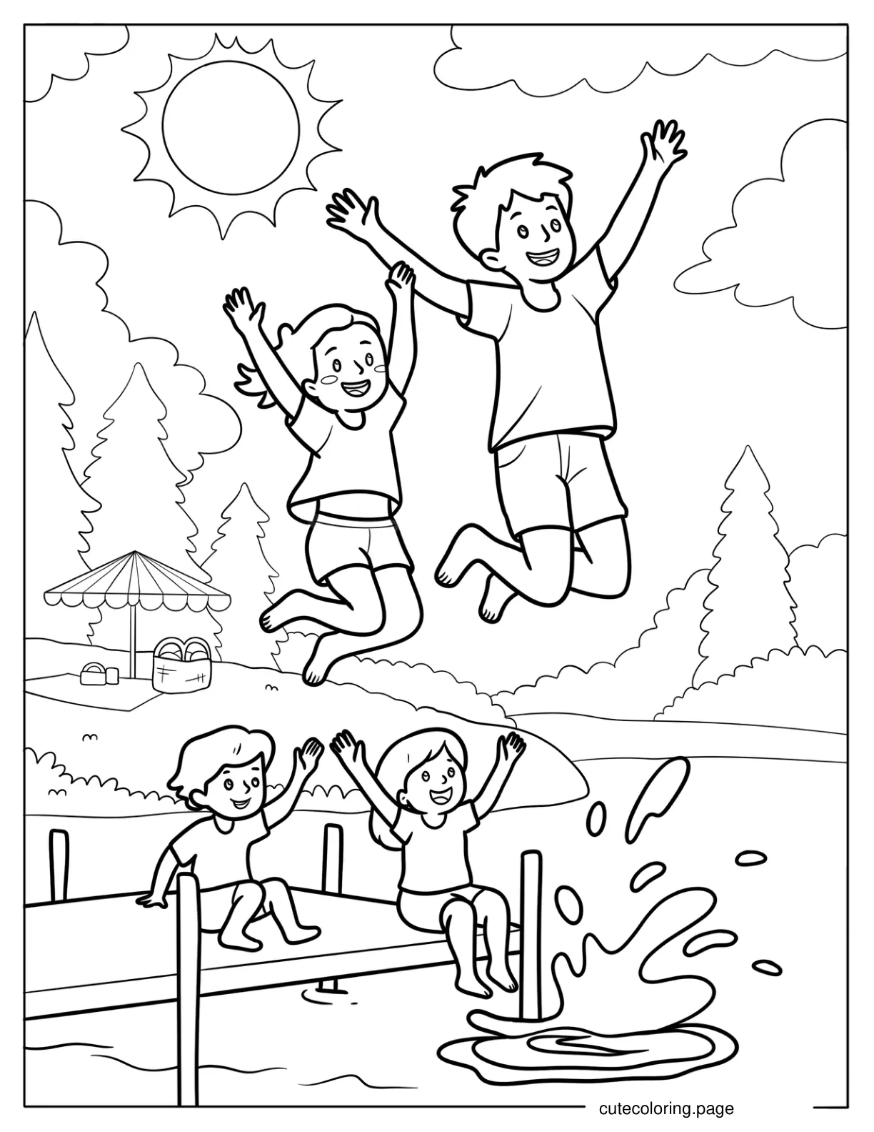 Sunny Summer Day with Happy Children Jumping into a Lake Coloring Page for Kids coloring page