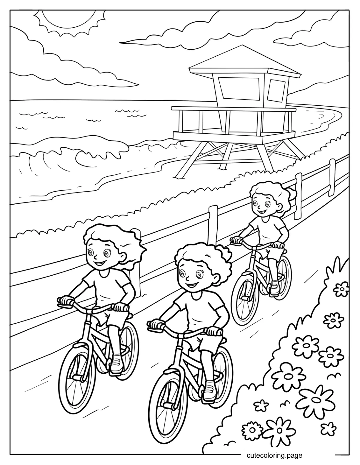 Three Girls Riding Bicycle Near the Beach in Summer coloring page
