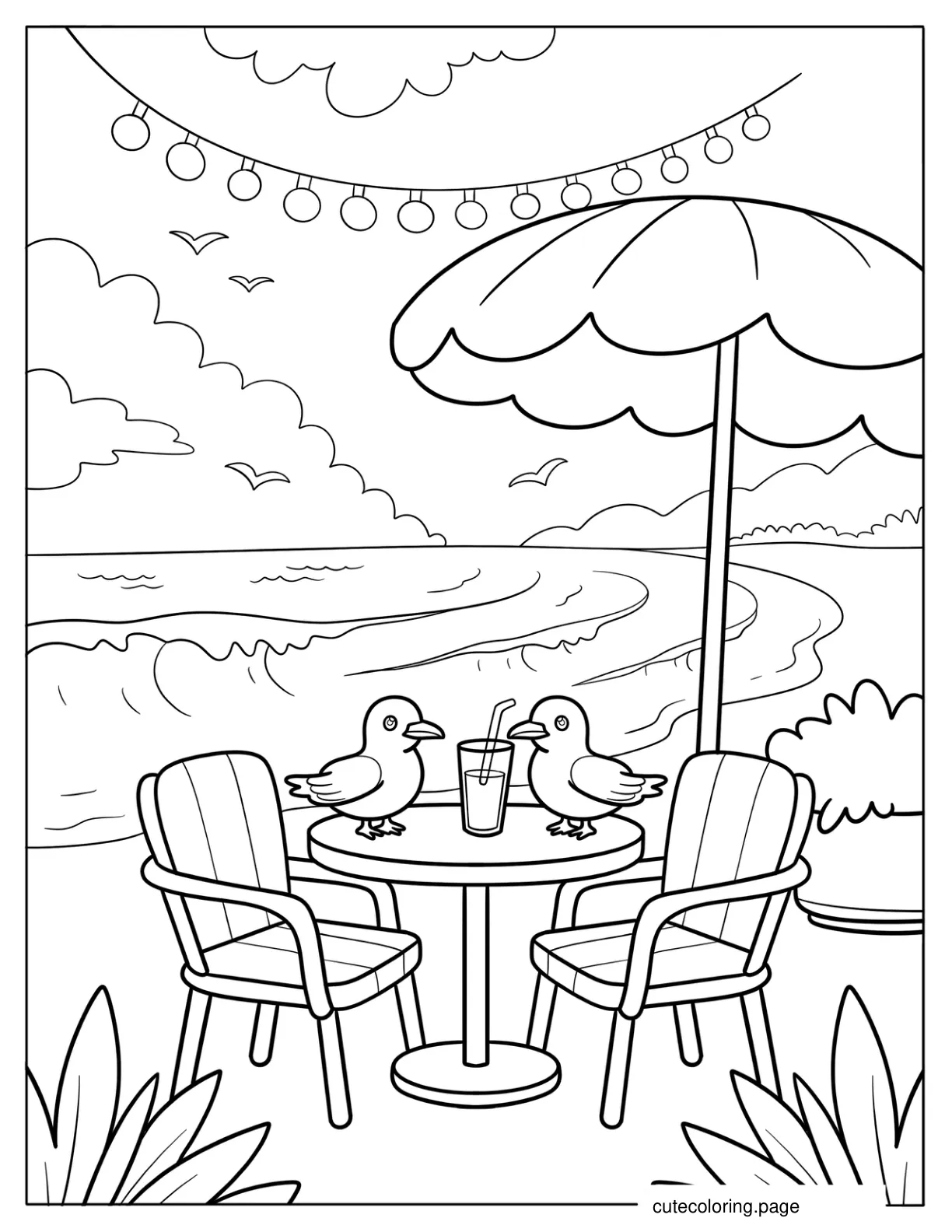 Two Summer Birds on a Beach Table with Drink Between Them coloring page