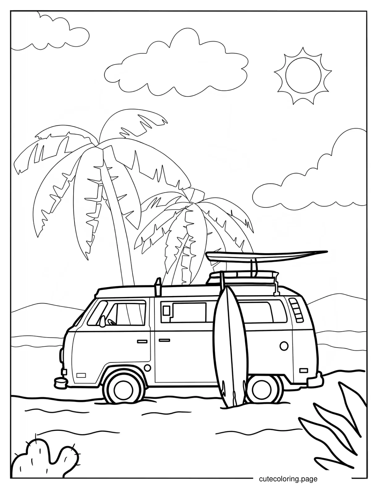 Volkswagen Van Next To A Palm Tree Summer Coloring Sheet coloring page