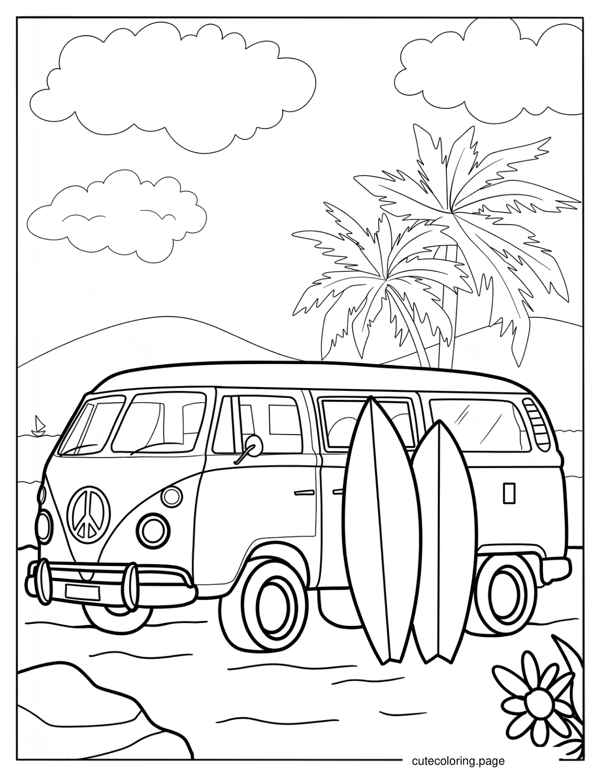 Volkswagen Van With Surfboard Summer Coloring Sheet coloring page